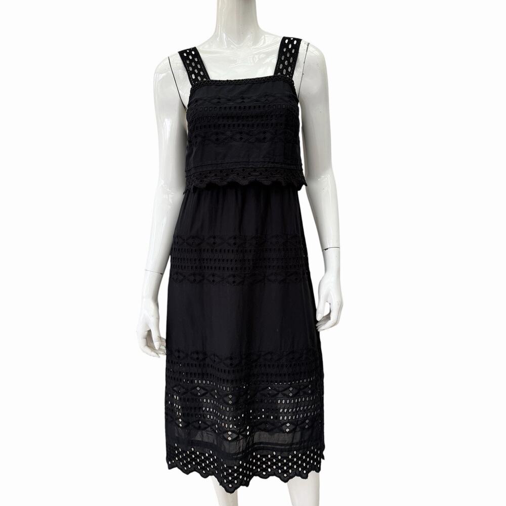 J. Crew Black Cotton Eyelet Tiered Dress, Size 00 - Picture 1 of 8
